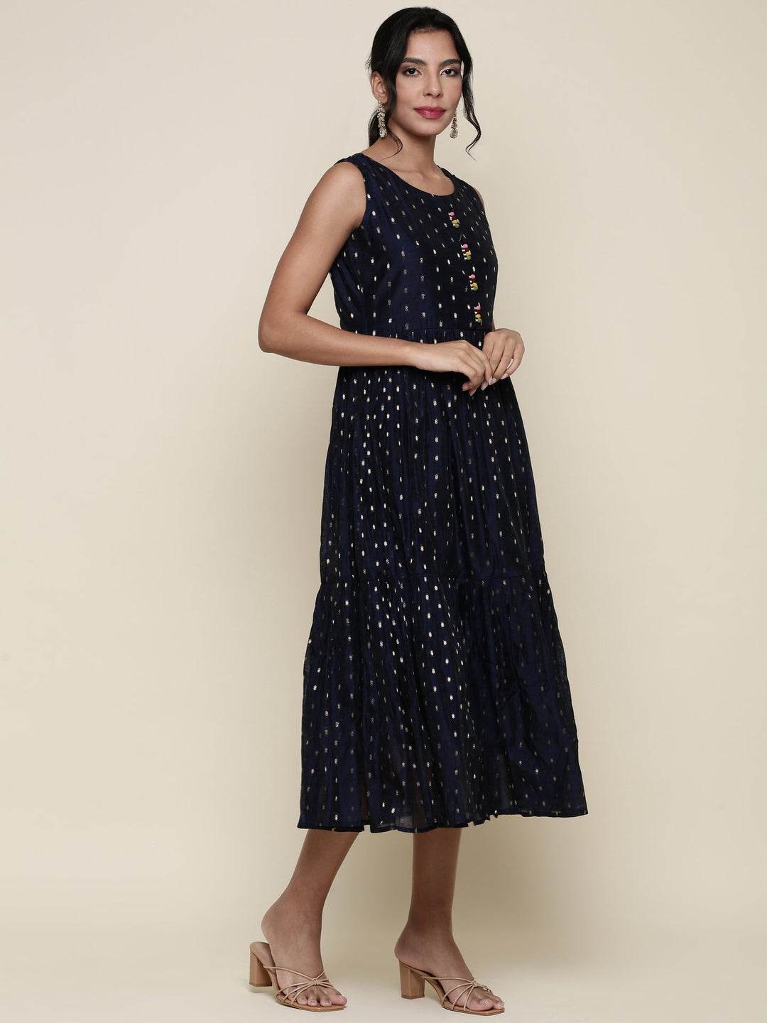 Neerus Black silk printed jacket and gown dress set - back view
