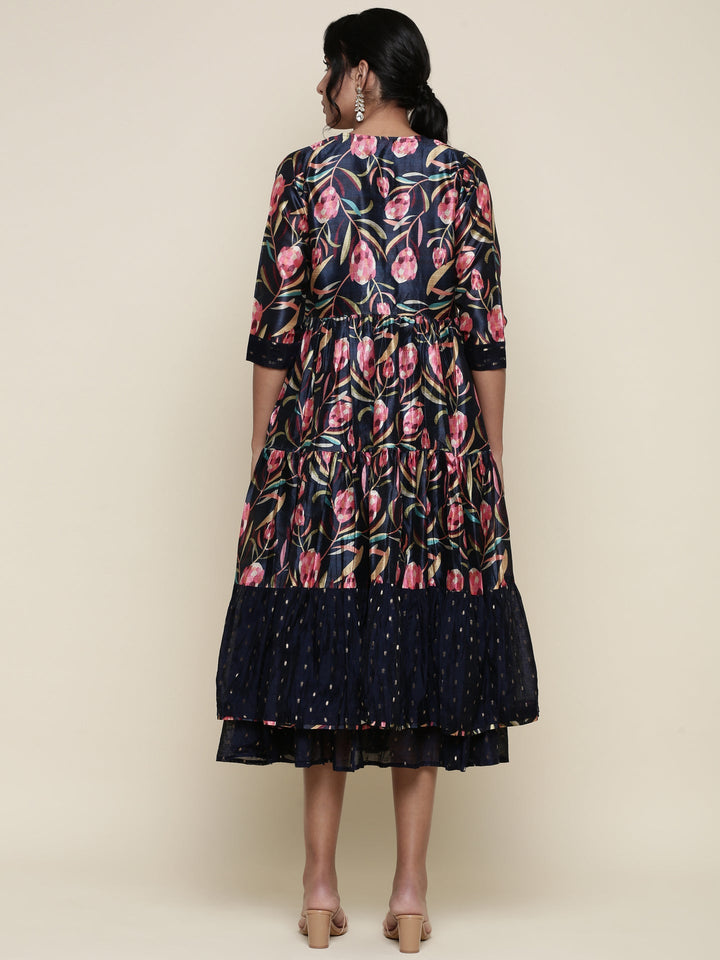 Neerus Black silk printed jacket and gown dress set - side view