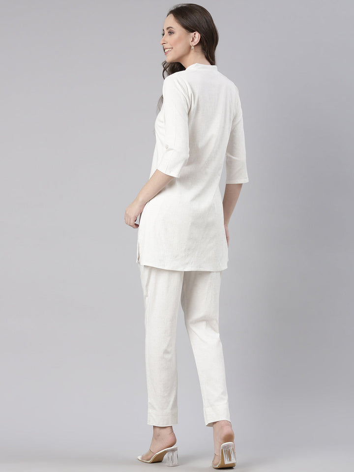 Neerus White Casual Solid Kurti with Trousers