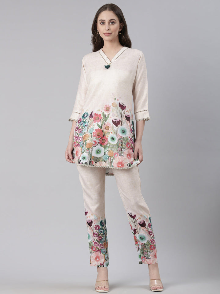 Neerus Cream Casual Printed Kurti with Trousers