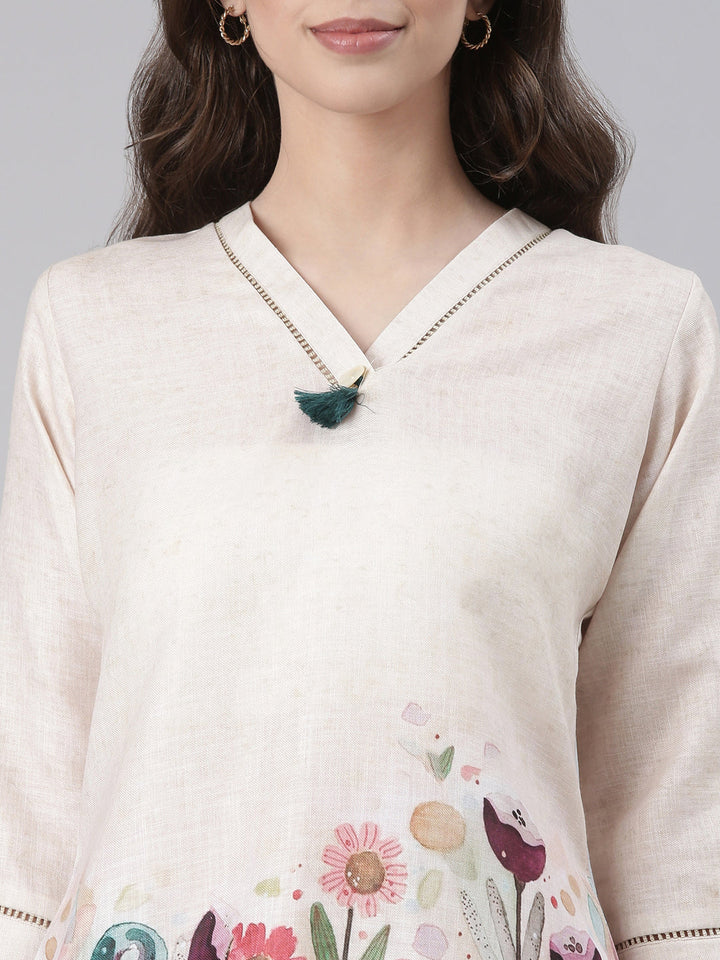 Neerus Cream Casual Printed Kurti with Trousers