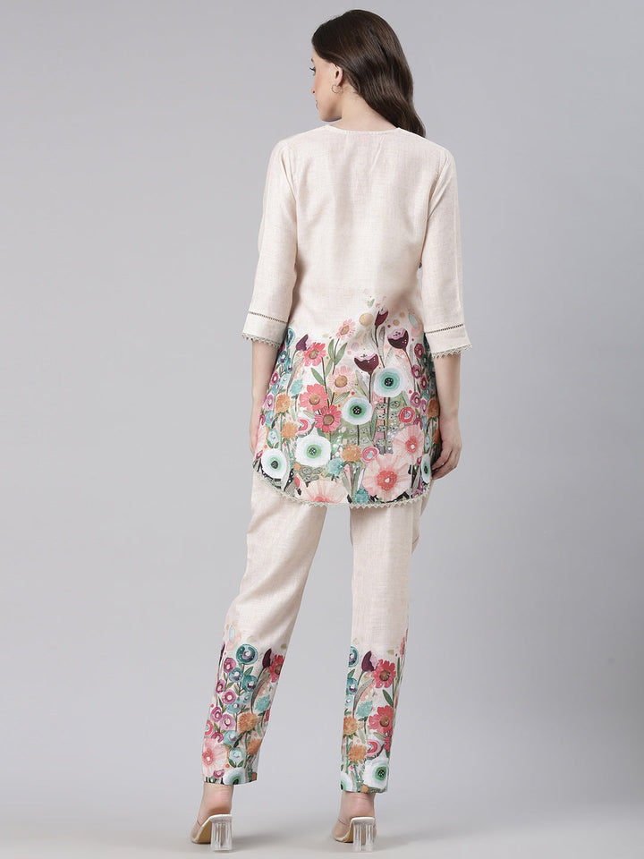 Neerus Cream Casual Printed Kurti with Trousers