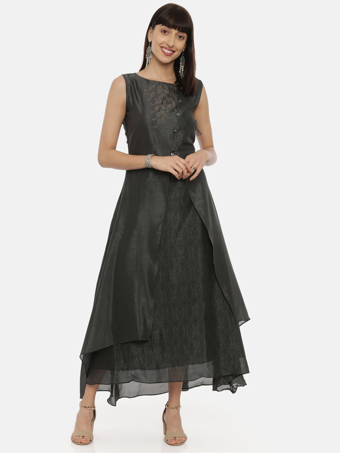 Neerus Grey embellished flared kurti - front view
