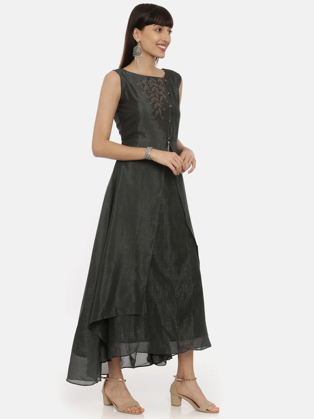 Neerus Grey embellished flared kurti - detail view 1