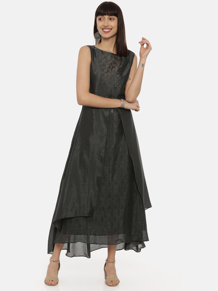 Neerus Grey embellished flared kurti - detail view 3