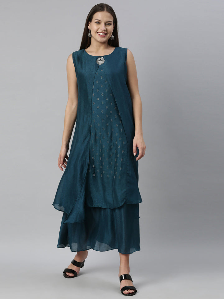 Neerus Blue silk kurta for women - front view