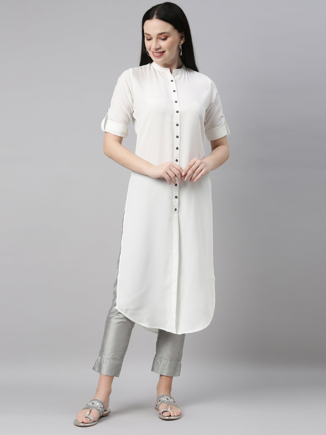 Neerus White rayon solid kurta - front view