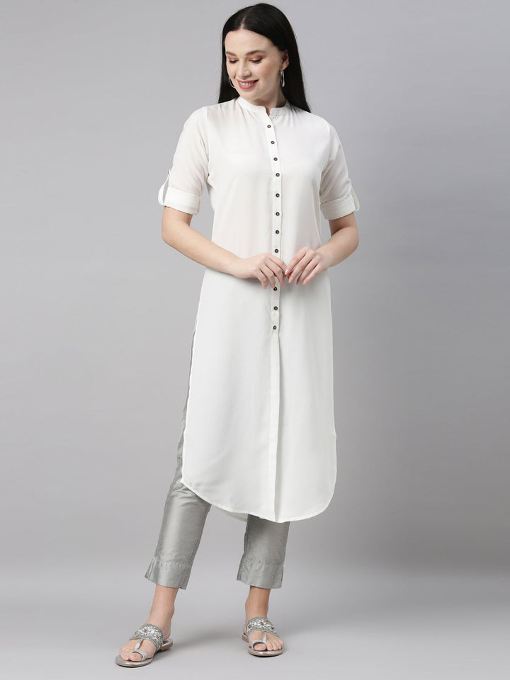 Neerus White rayon solid kurta - front view