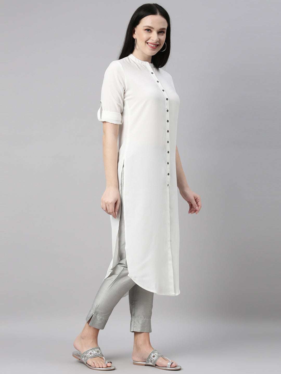 Neerus White rayon solid kurta - detail view 1