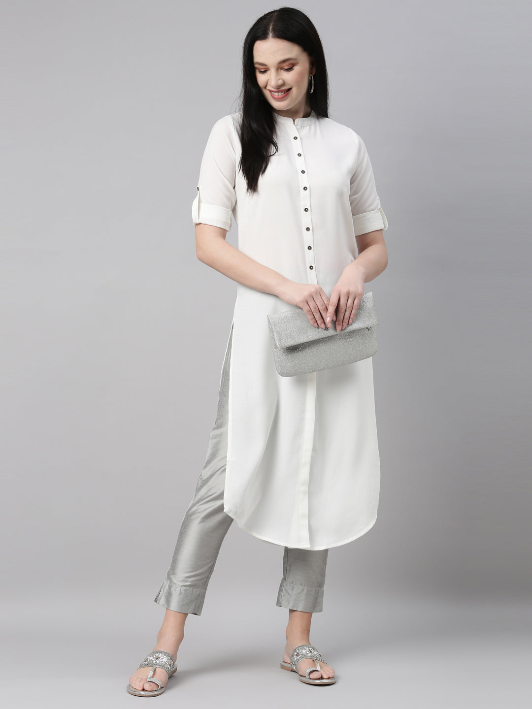 Neerus White rayon solid kurta - detail view 3