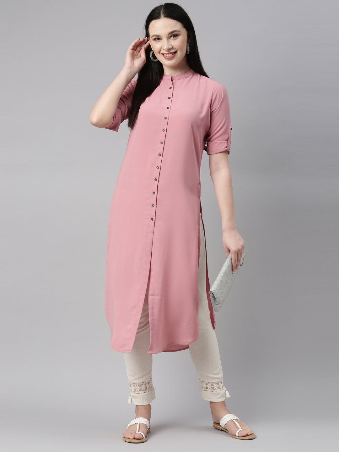 Neerus Pink rayon solid kurti - detail view 11