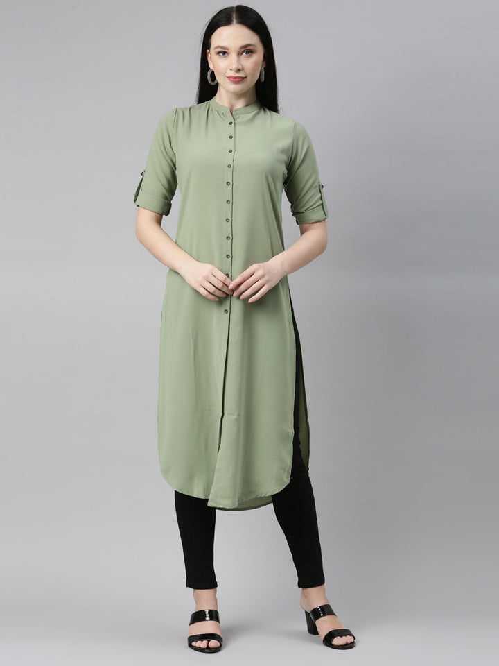 Neerus Green viscose rayon solid kurti - front view