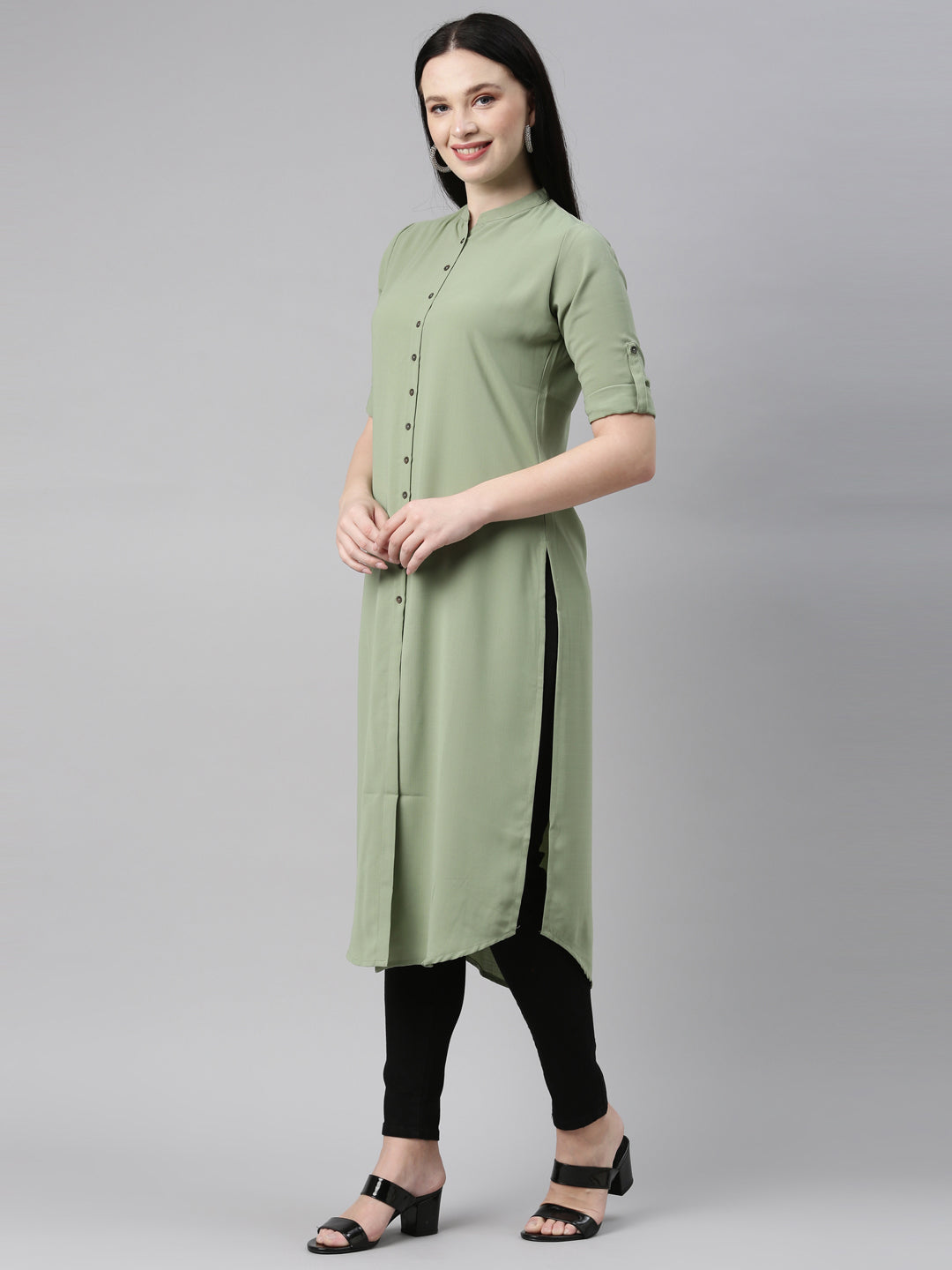 Neerus Green viscose rayon solid kurti - back view