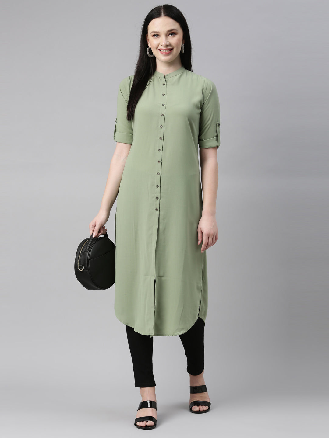 Neerus Green viscose rayon solid kurti - detail view 2