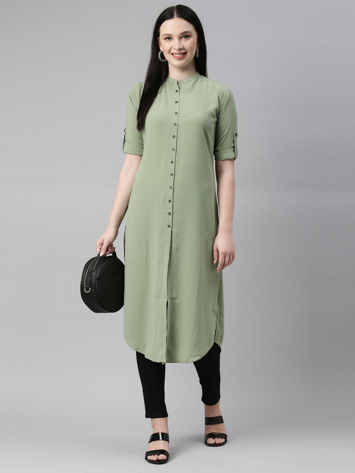 Neerus Green viscose rayon solid kurti - detail view 2