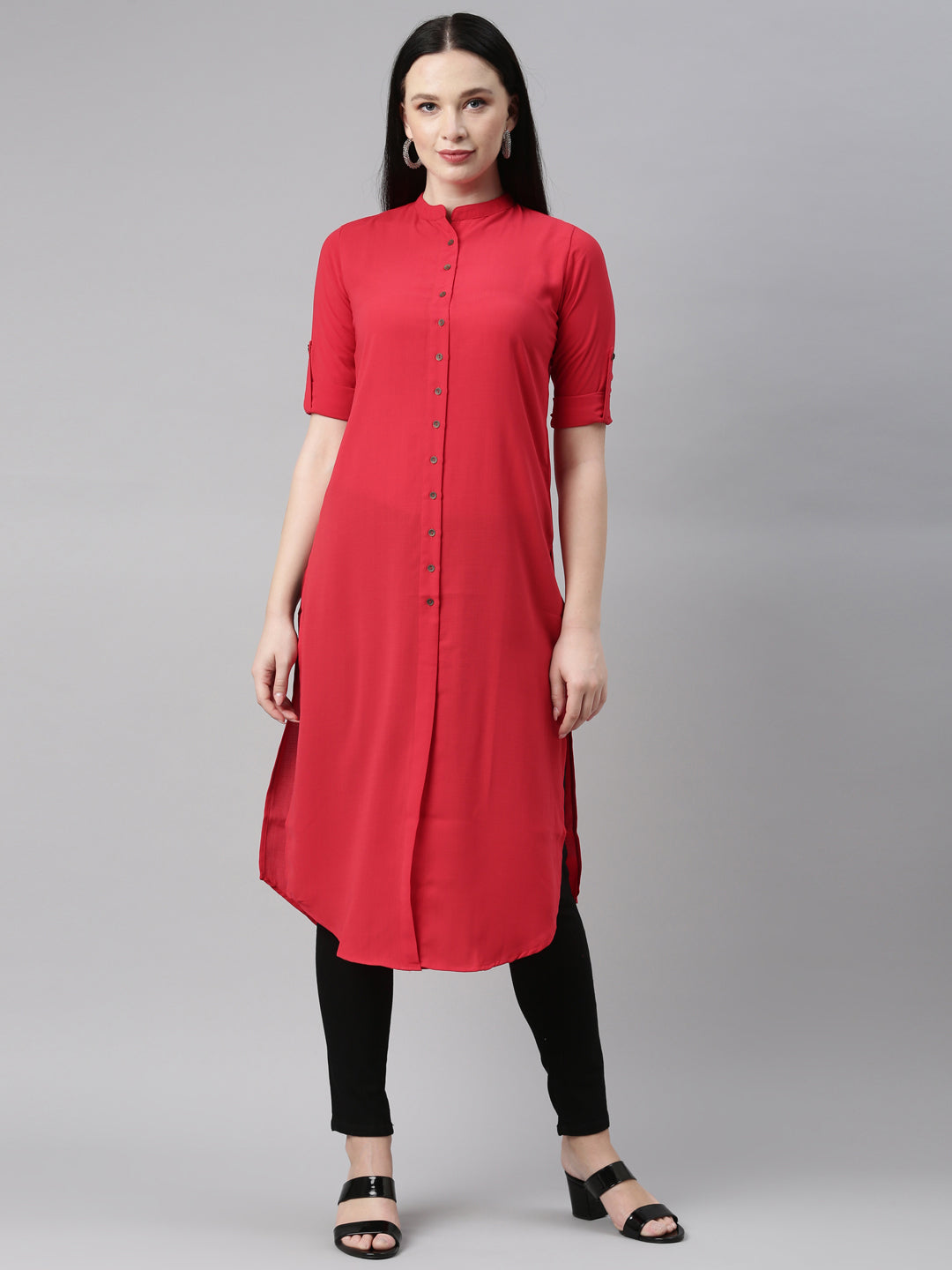 Neerus Red rayon straight kurti - front view