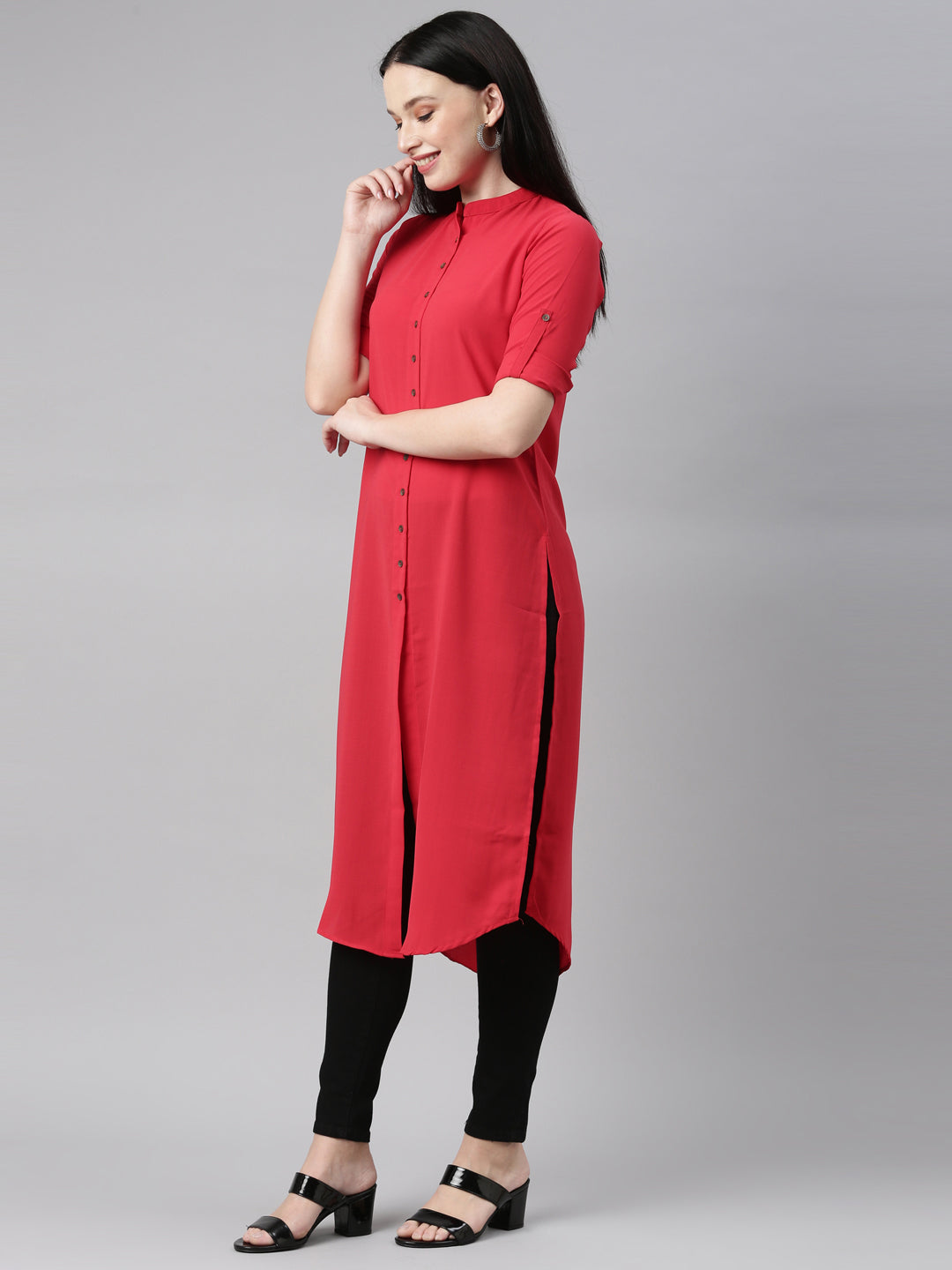 Neerus Red rayon straight kurti - back view