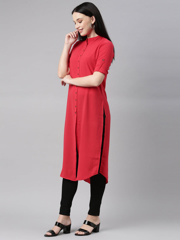 Neerus Red rayon straight kurti - back view