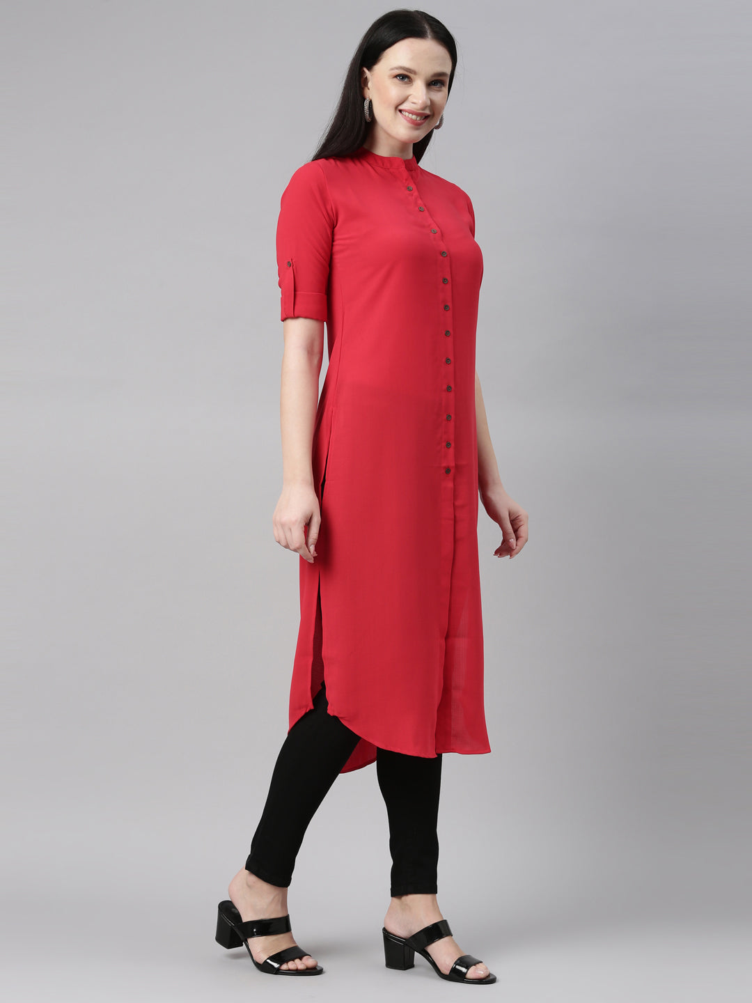 Neerus Red rayon straight kurti - side view