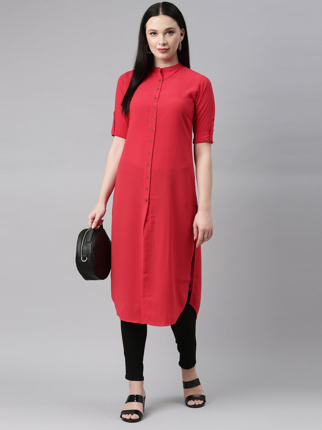 Neerus Red rayon straight kurti - detail view 2