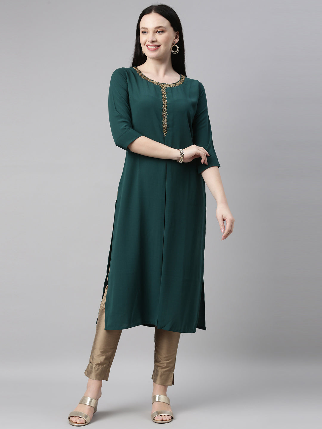 Neerus Green slub cotton printed kurti - front view