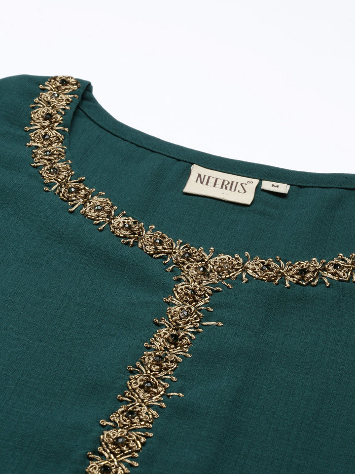 Neerus Green slub cotton printed kurti - back view