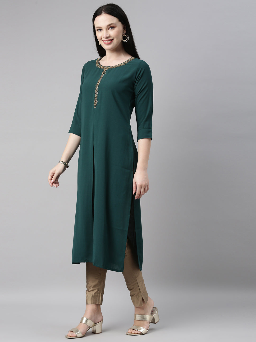 Neerus Green slub cotton printed kurti - side view