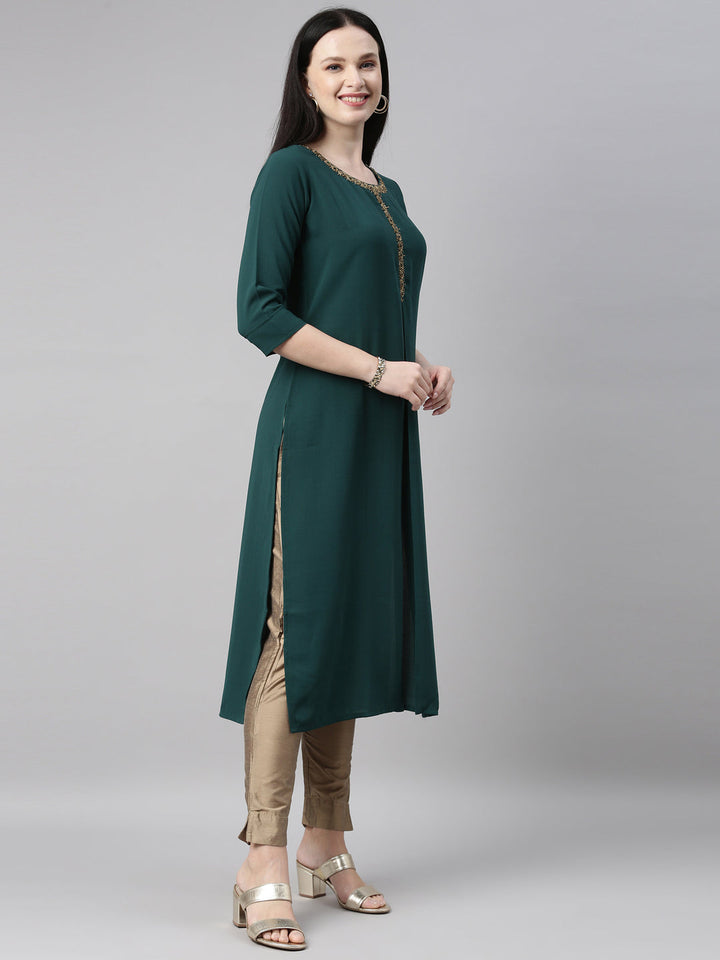 Neerus Green slub cotton printed kurti - detail view 1