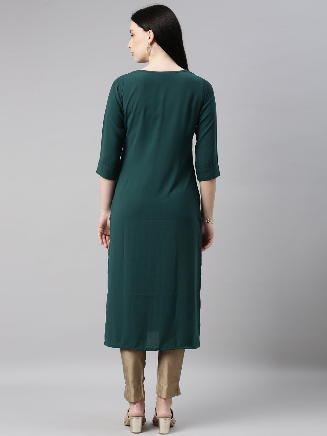 Neerus Green slub cotton printed kurti - detail view 2