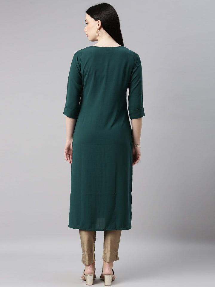 Neerus Green slub cotton printed kurti - detail view 2