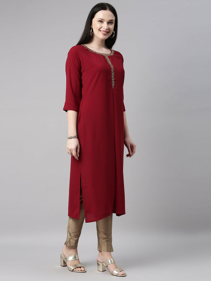 Neerus Maroon viscose rayon straight kurti - detail view 1