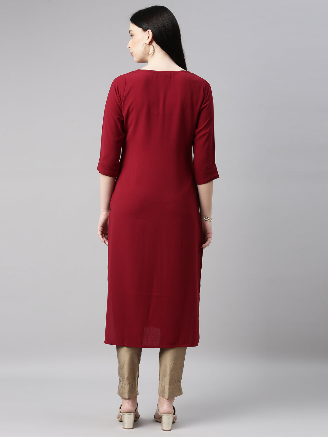 Neerus Maroon viscose rayon straight kurti - detail view 2