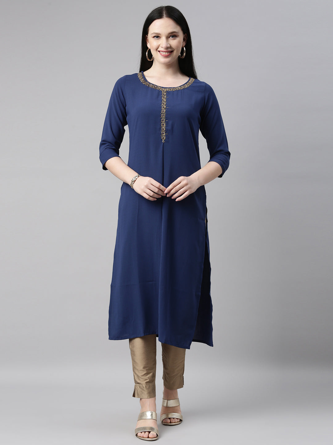 Neerus Blue viscose rayon straight kurta - front view