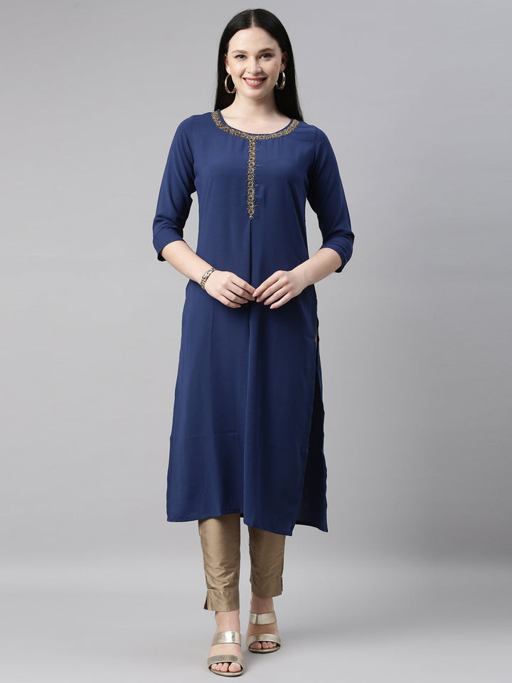 Neerus Blue viscose rayon straight kurta - front view