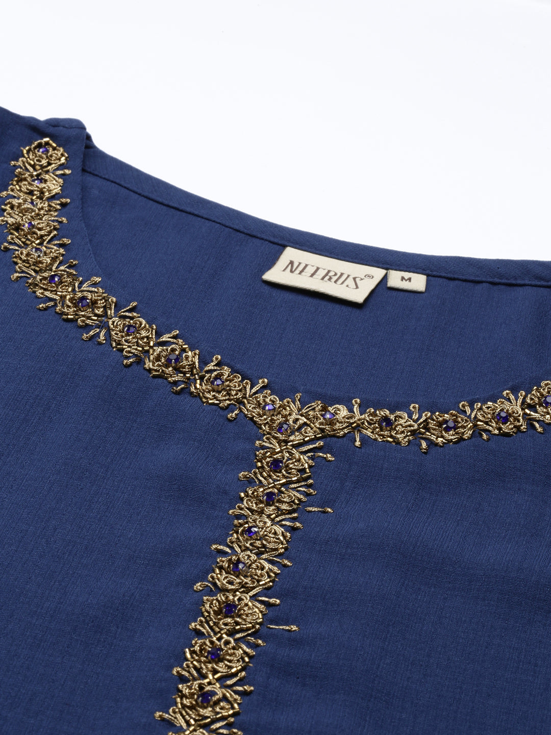 Neerus Blue viscose rayon straight kurta - detail view 5