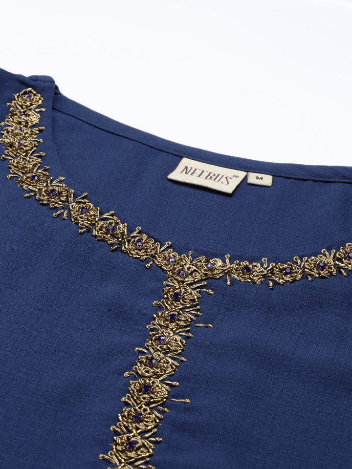 Neerus Blue viscose rayon straight kurta - detail view 5