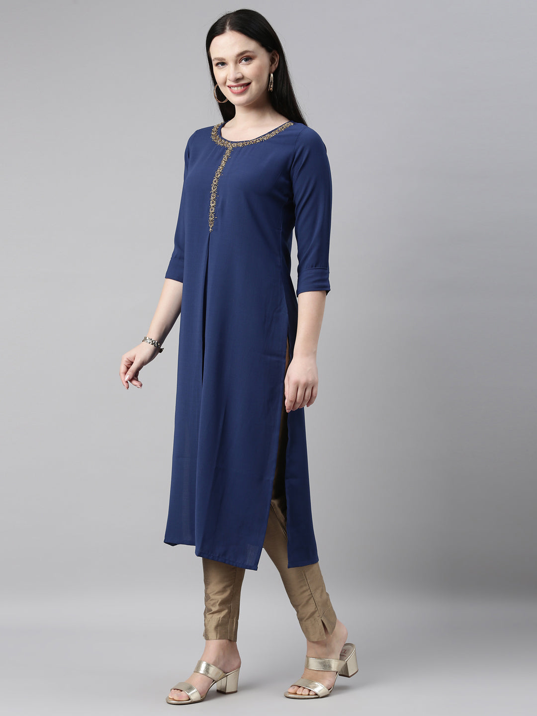 Neerus Blue viscose rayon straight kurta - back view
