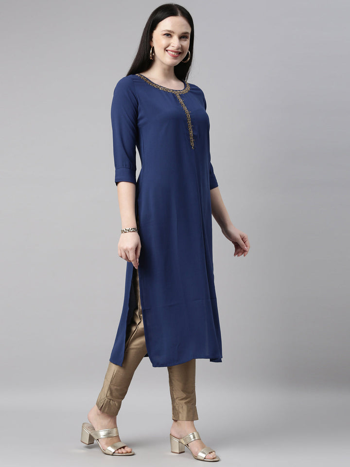 Neerus Blue viscose rayon straight kurta - side view