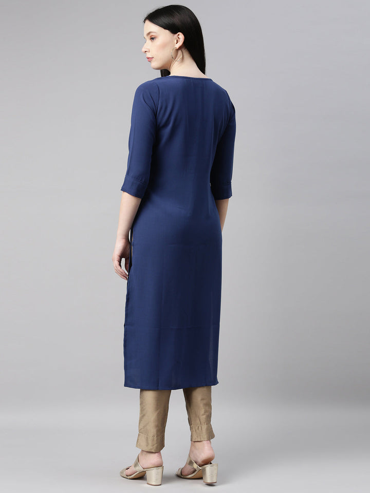 Neerus Blue viscose rayon straight kurta - detail view 1