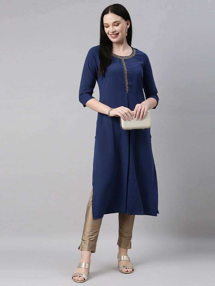 Neerus Blue viscose rayon straight kurta - detail view 2