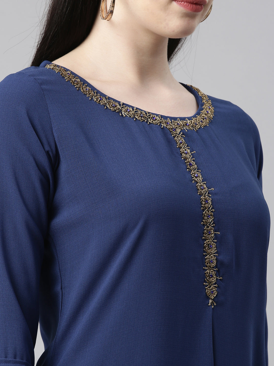 Neerus Blue viscose rayon straight kurta - detail view 4