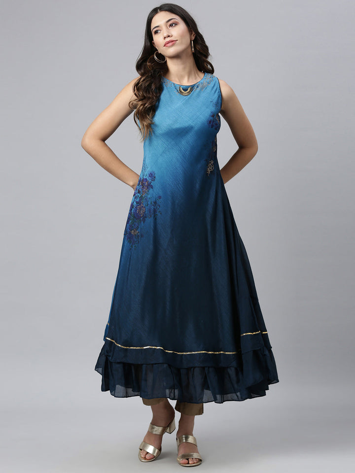 Neerus Blue silk embellished anarkali kurta - detail view 1