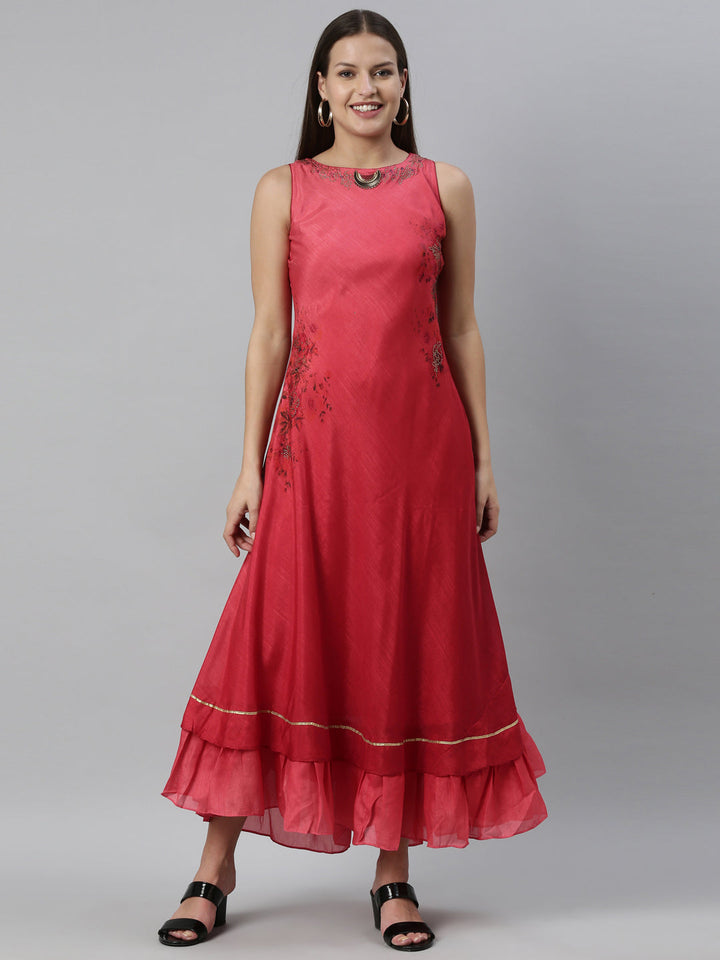 Neerus Pink silk straight kurti - front view
