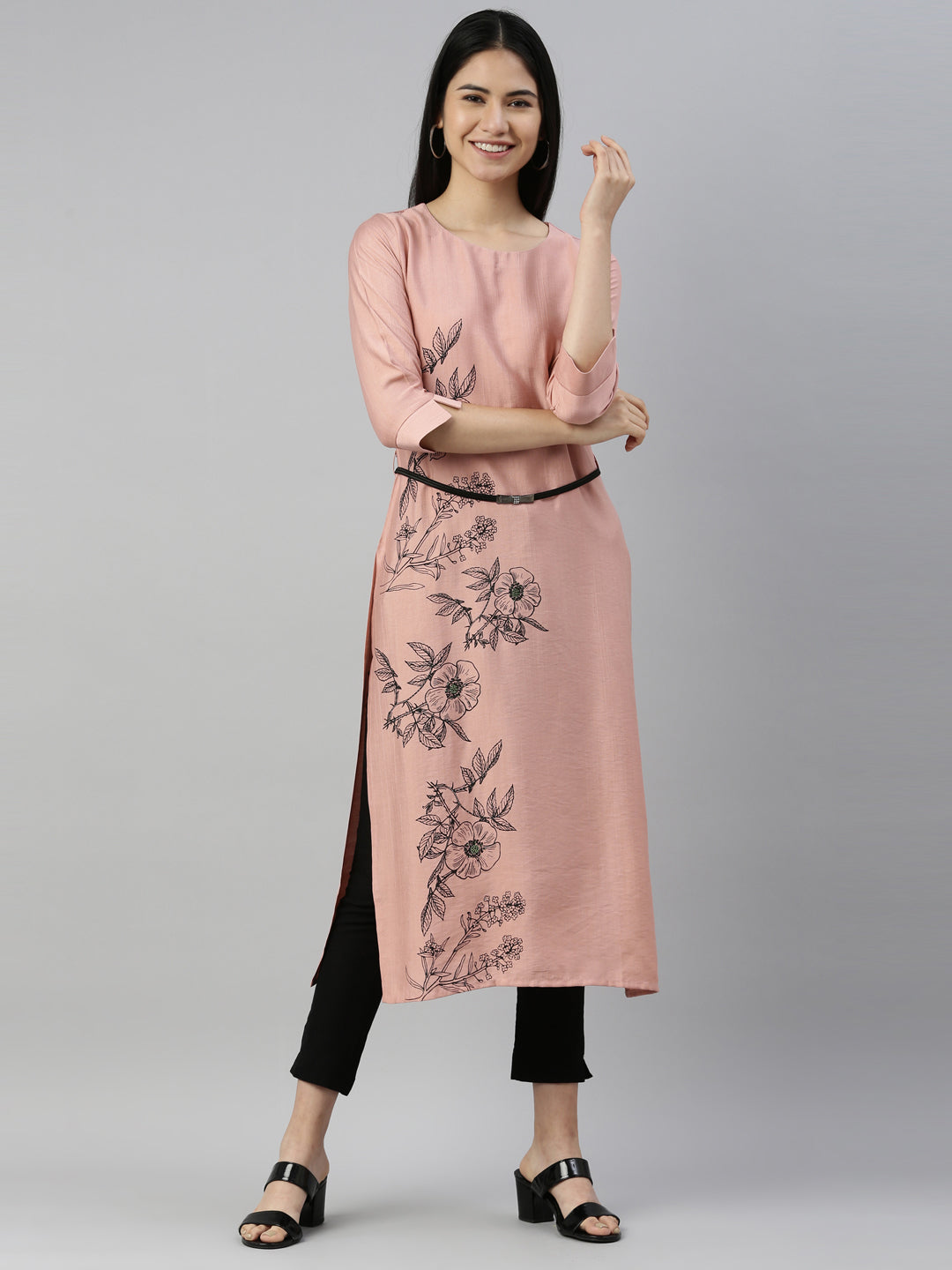 Neerus Orange viscose rayon thread embroidered straight kurti - front view