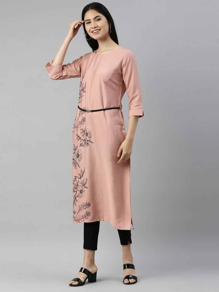 Neerus Orange viscose rayon thread embroidered straight kurti - side view