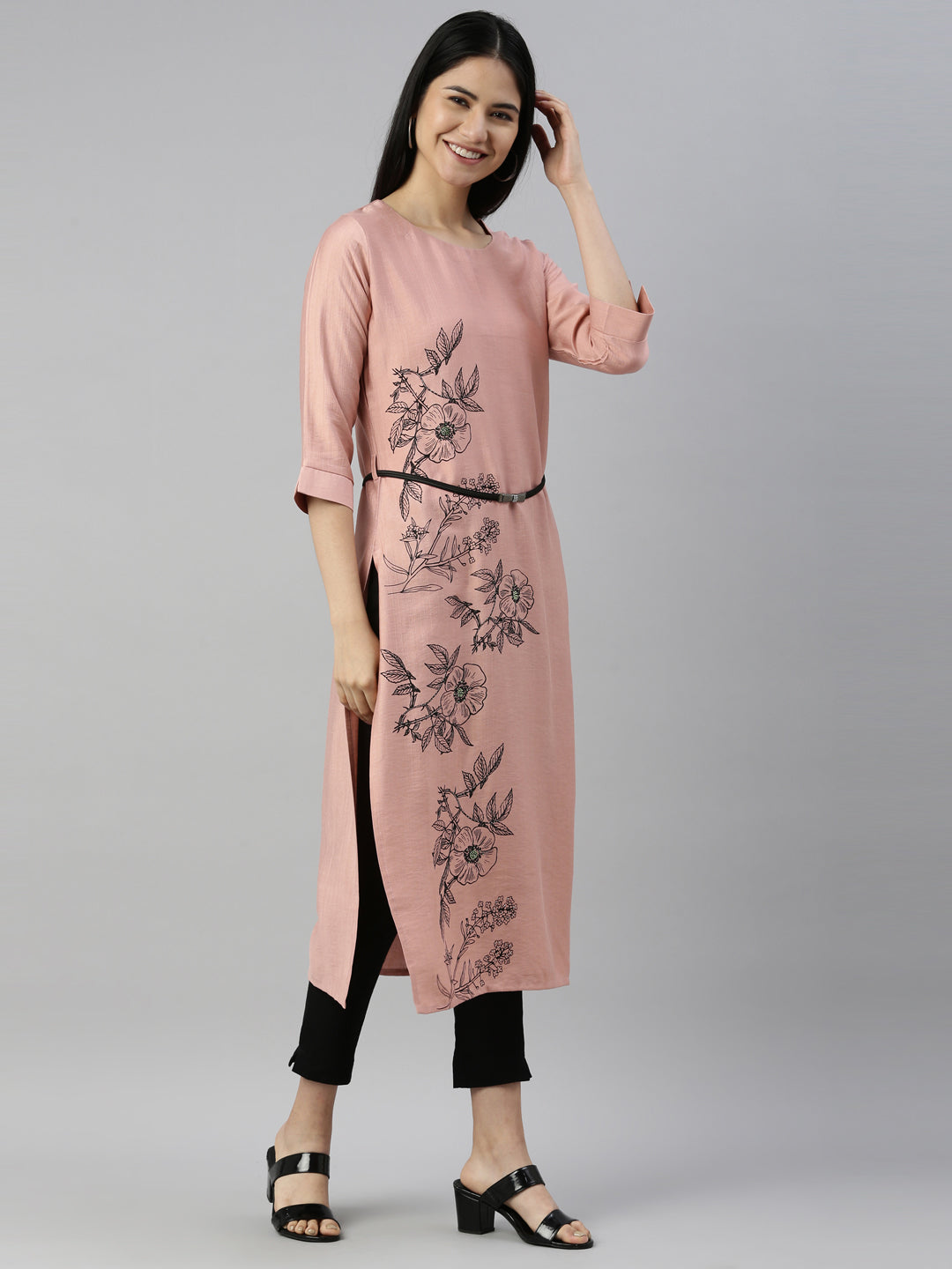 Neerus Orange viscose rayon thread embroidered straight kurti - detail view 1