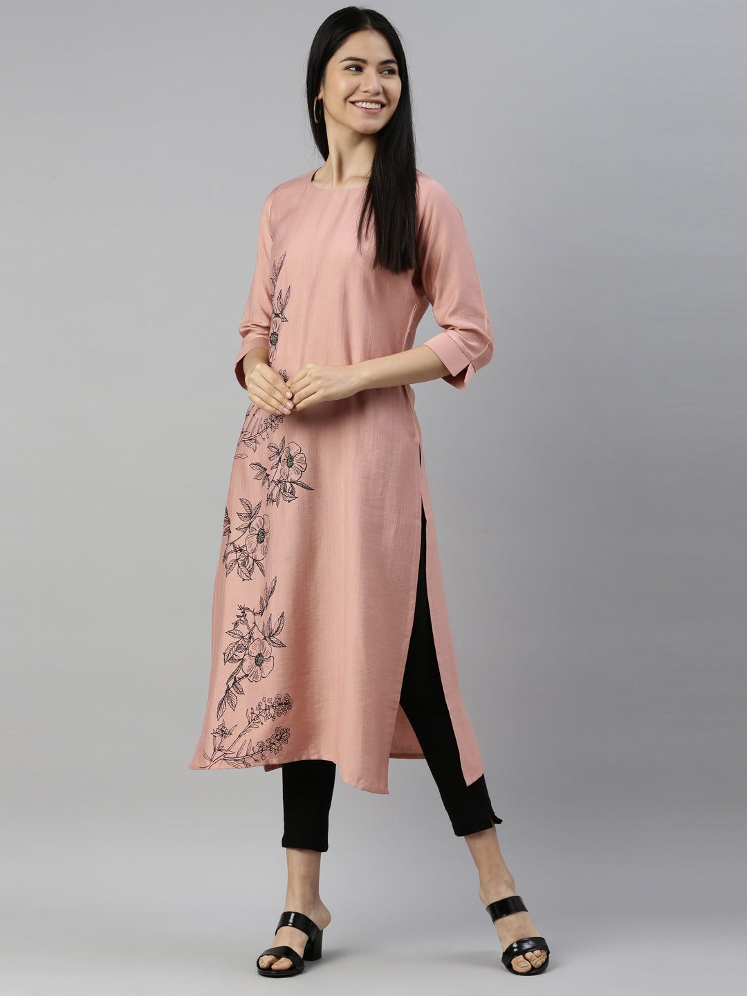 Neerus Orange viscose rayon thread embroidered straight kurti - detail view 3