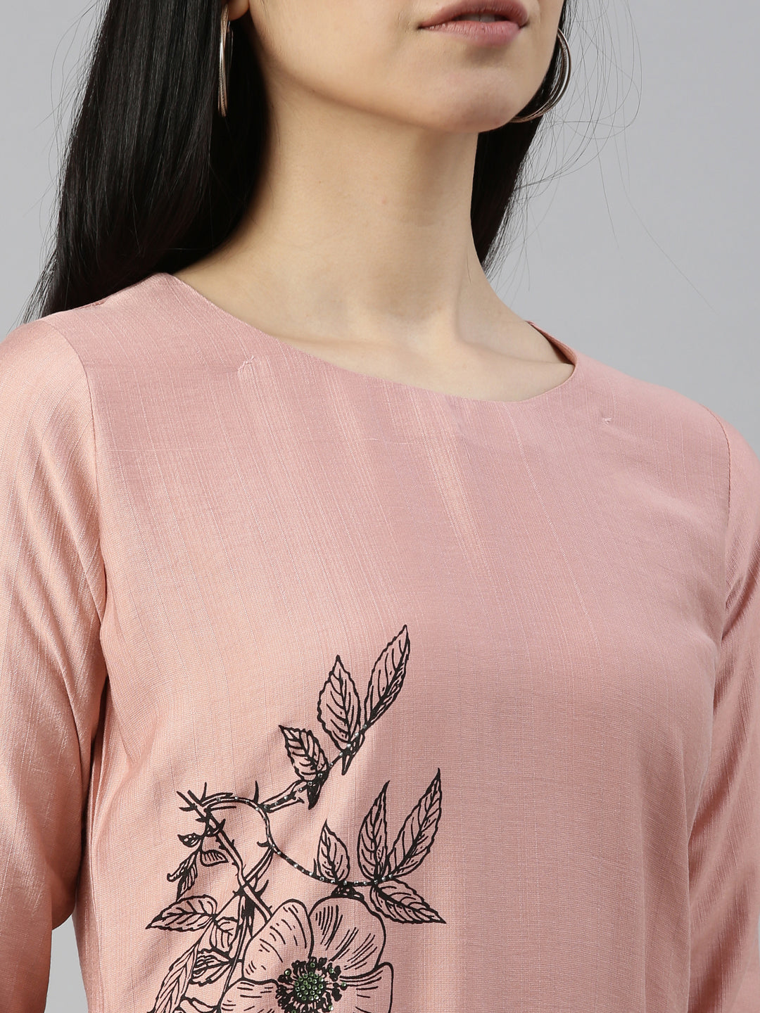 Neerus Orange viscose rayon thread embroidered straight kurti - detail view 5