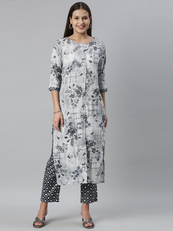 Neerus Blue rayon straight kurta set - front view
