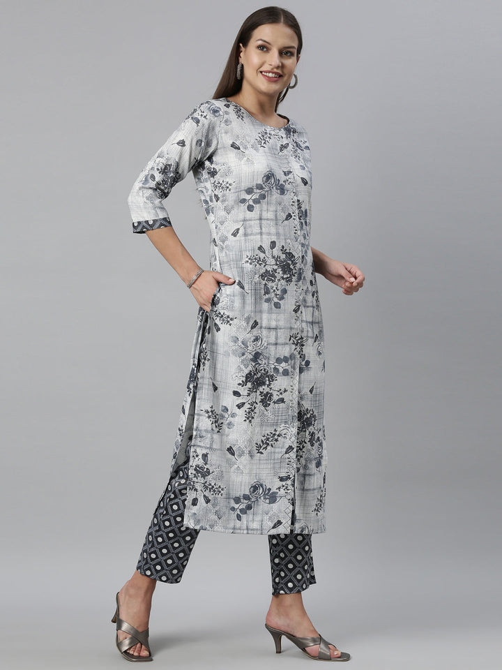 Neerus Blue rayon straight kurta set - detail view 1